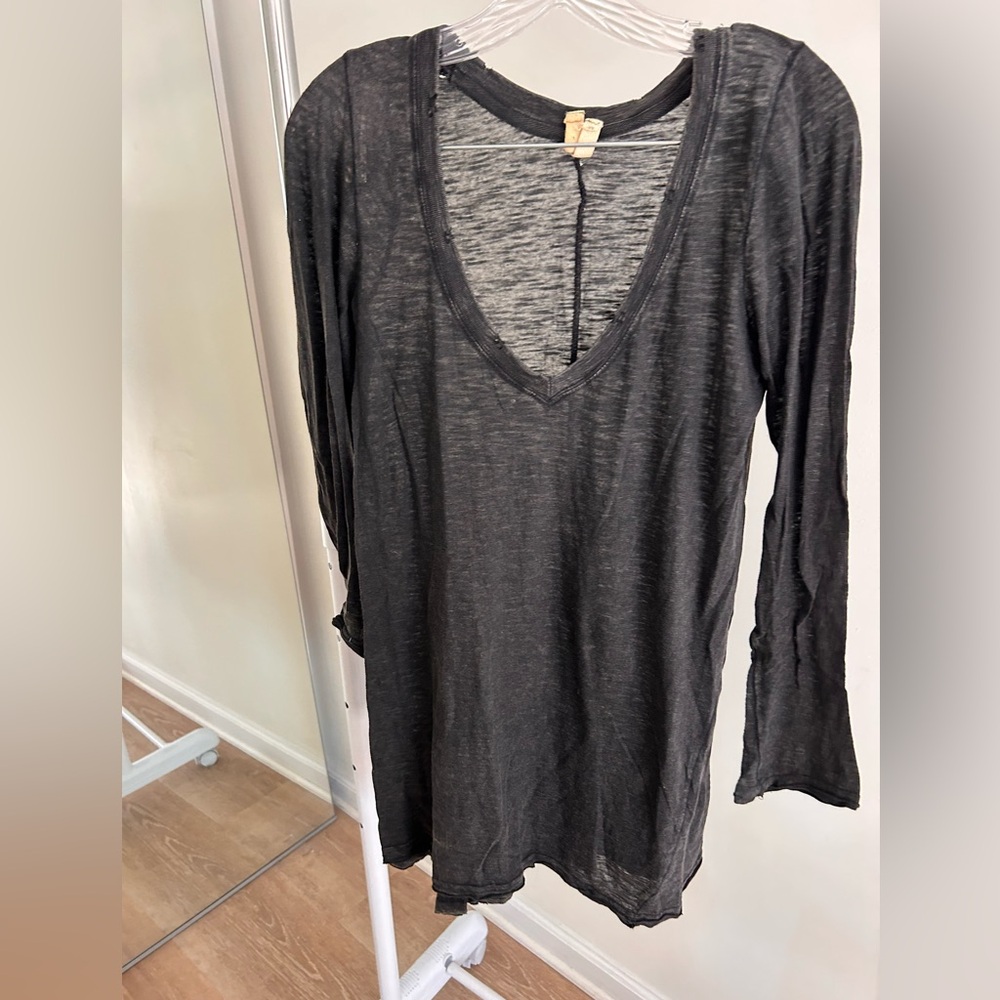Free People Dark Gray Long Sleeve V-Neck Top